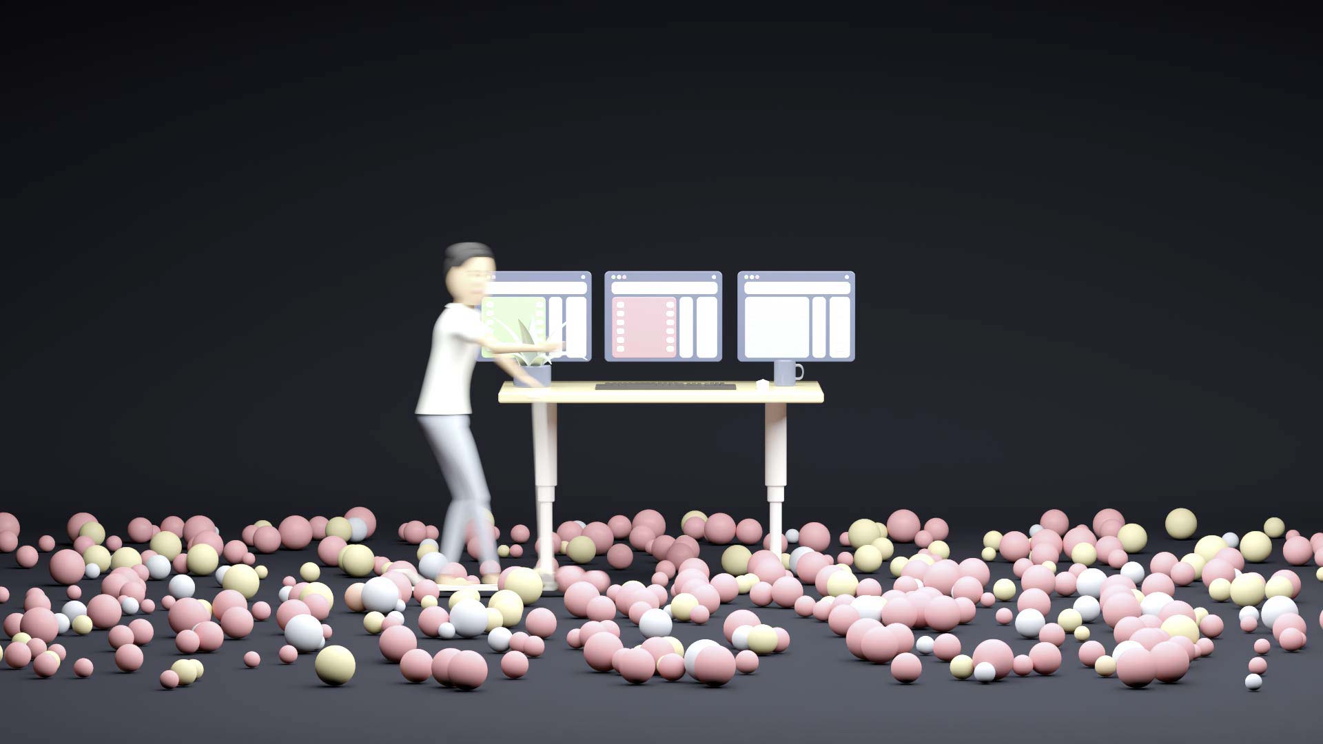 A co-worker enters the workspace represented by a height-adjustable desktop. The co-worker uses an e-scooter. In the room, there are numerous rolling balls representing itesign-developed apps.